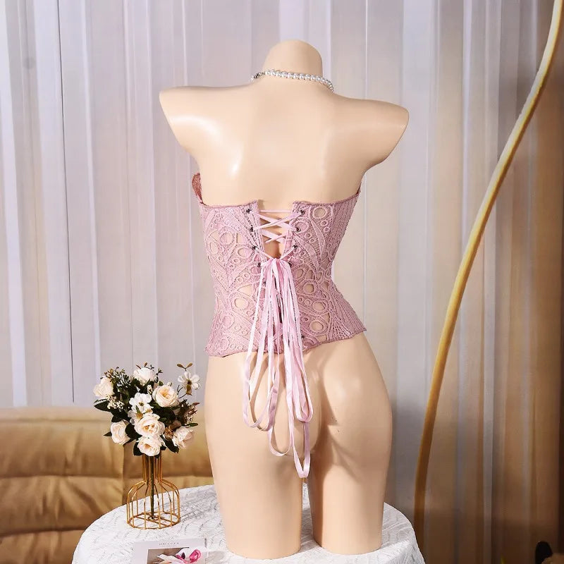 Toucheart Hot Girl Suspender Sexy Top with Fishbone Corset Intimate Hollow See-through Lace Classic Romantic Retro Palace Corset