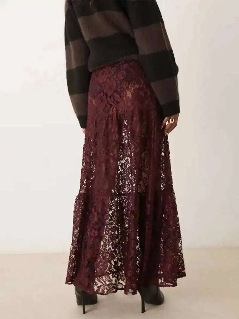 Mesh Sheer Lace Skirts Women High Waist Street Fashion Loose Hollow Out Long Skirt Party Sexy Patchwork Clubwear 2026 50JZ