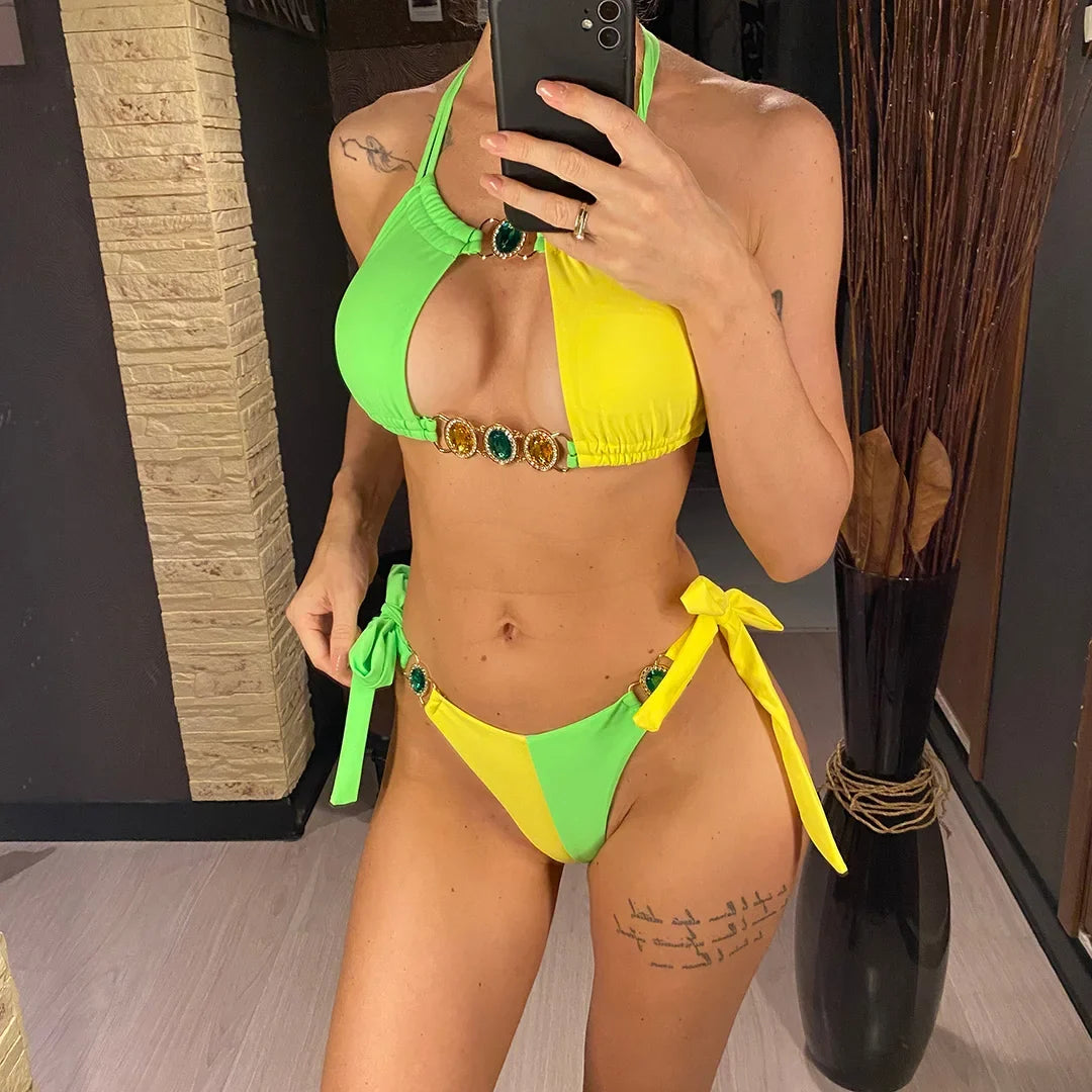 8 Colors Diamond Rhinestones Splicing Bikini Women Swimwear Female Swimsuit Two-Pieces Bikini Set Bather Bathing Suit Swim V5132