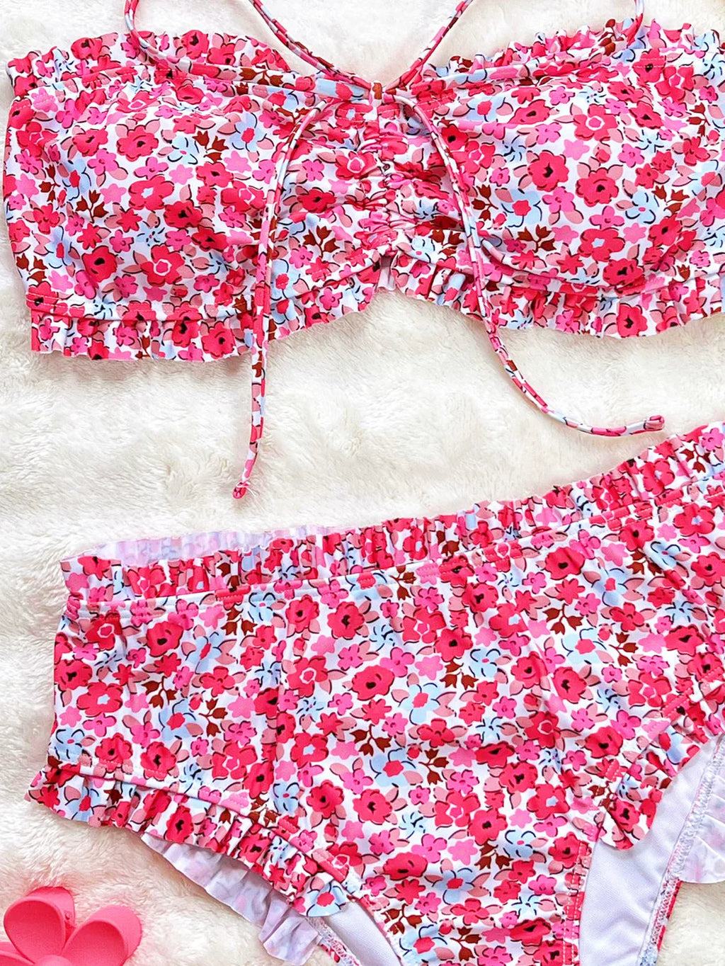 DEKA Ruffles Strapless Lace-Up Bikini Set Floral Pattern Swimsuit Women High Waist Bikini Summer New Swim Bathing Suit