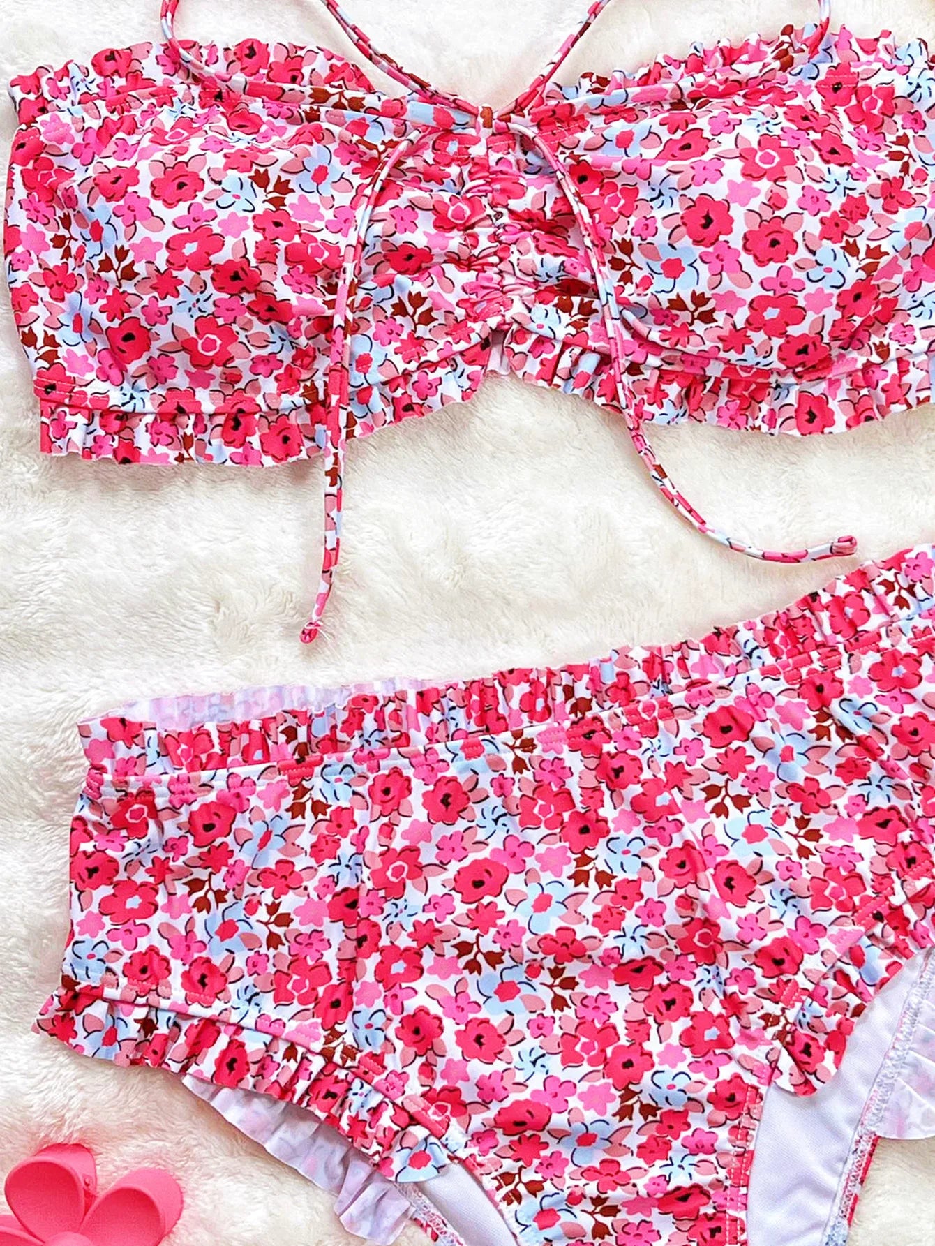 DEKA Ruffles Strapless Lace-Up Bikini Set Floral Pattern Swimsuit Women High Waist Bikini Summer New Swim Bathing Suit