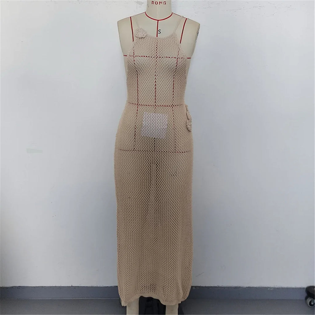 3D Flowers Hollow Out Backless Crochet Knit Tunic Beach Cover Up Cover-ups Beach Dress Beach Wear Beachwear Female Women K6561