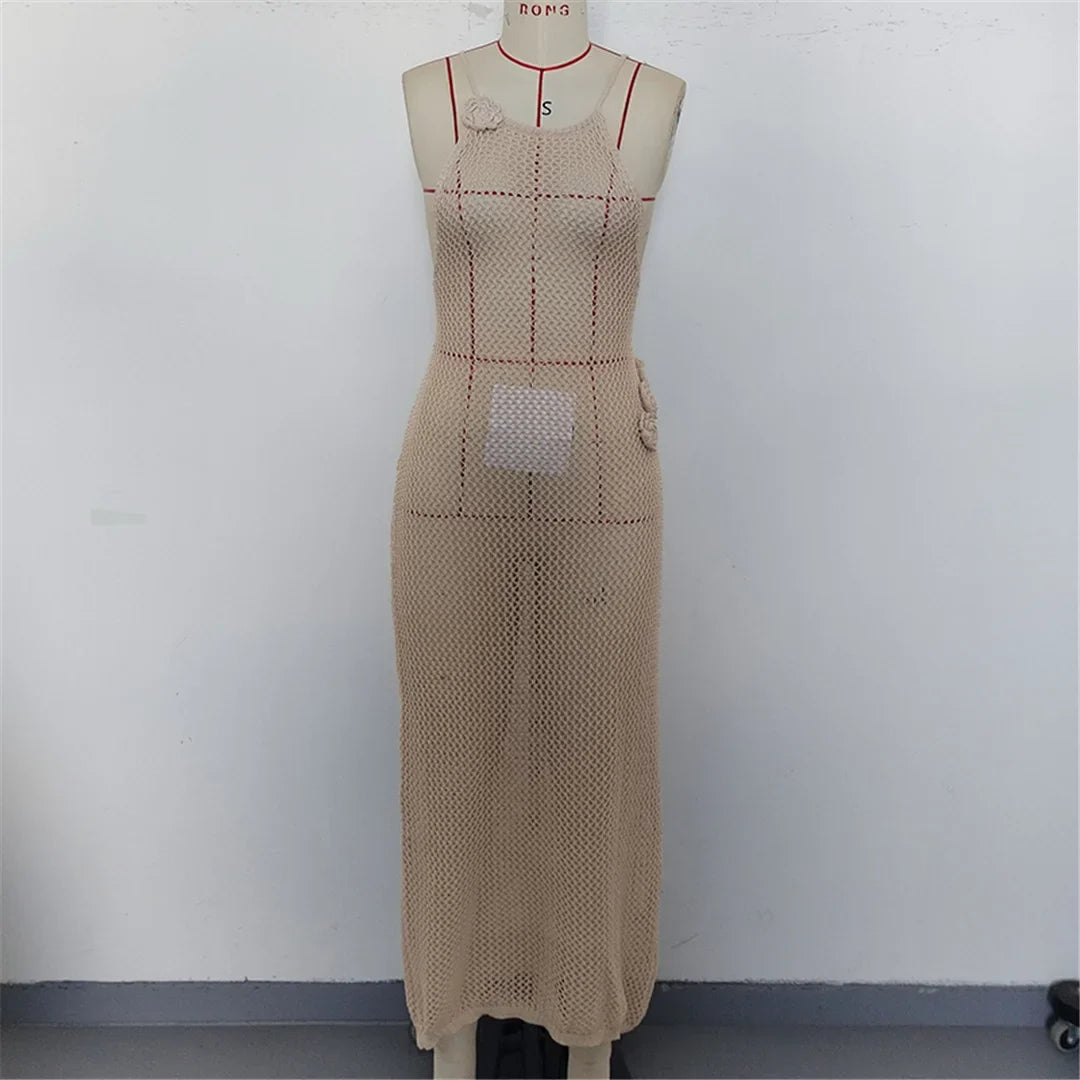 3D Flowers Hollow Out Backless Crochet Knit Tunic Beach Cover Up Cover-ups Beach Dress Beach Wear Beachwear Female Women K6561