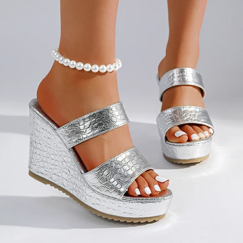 Chunky Wedges Gold Sandals Women Plus Size 42 High Heel Platform Slippers Woman Snake Pattern Pu Leather Summer Sandles Female