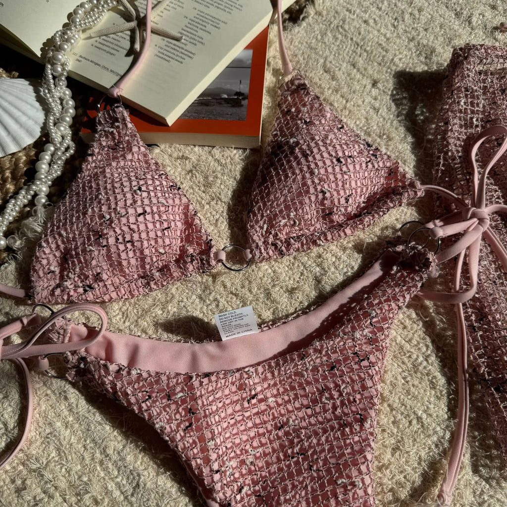 With Fishnet Sarong Skirt Halter Micro Bikini Women Swimwear Female Swimsuit Three-pieces Bikini Set Bathing Suit Swim Beachwear