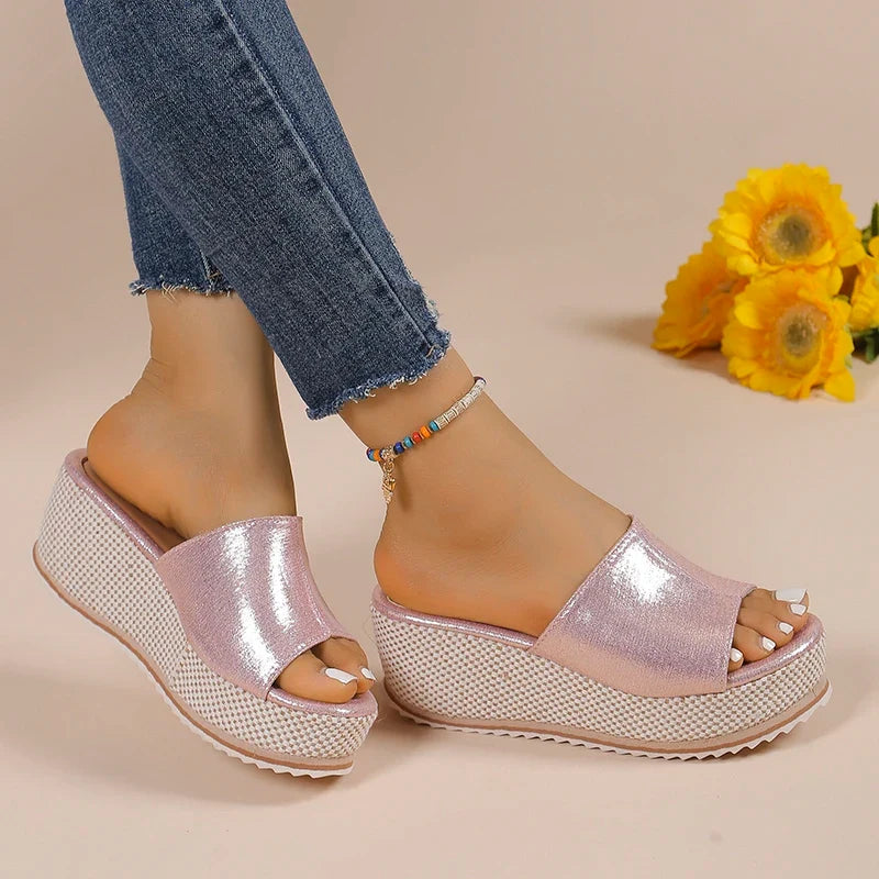 2025 Summer Chunky Platform Slippers for Women Pu Leather Wedges High Heel Sandals Woman Plus Size 36-43 Beach Sandles Female