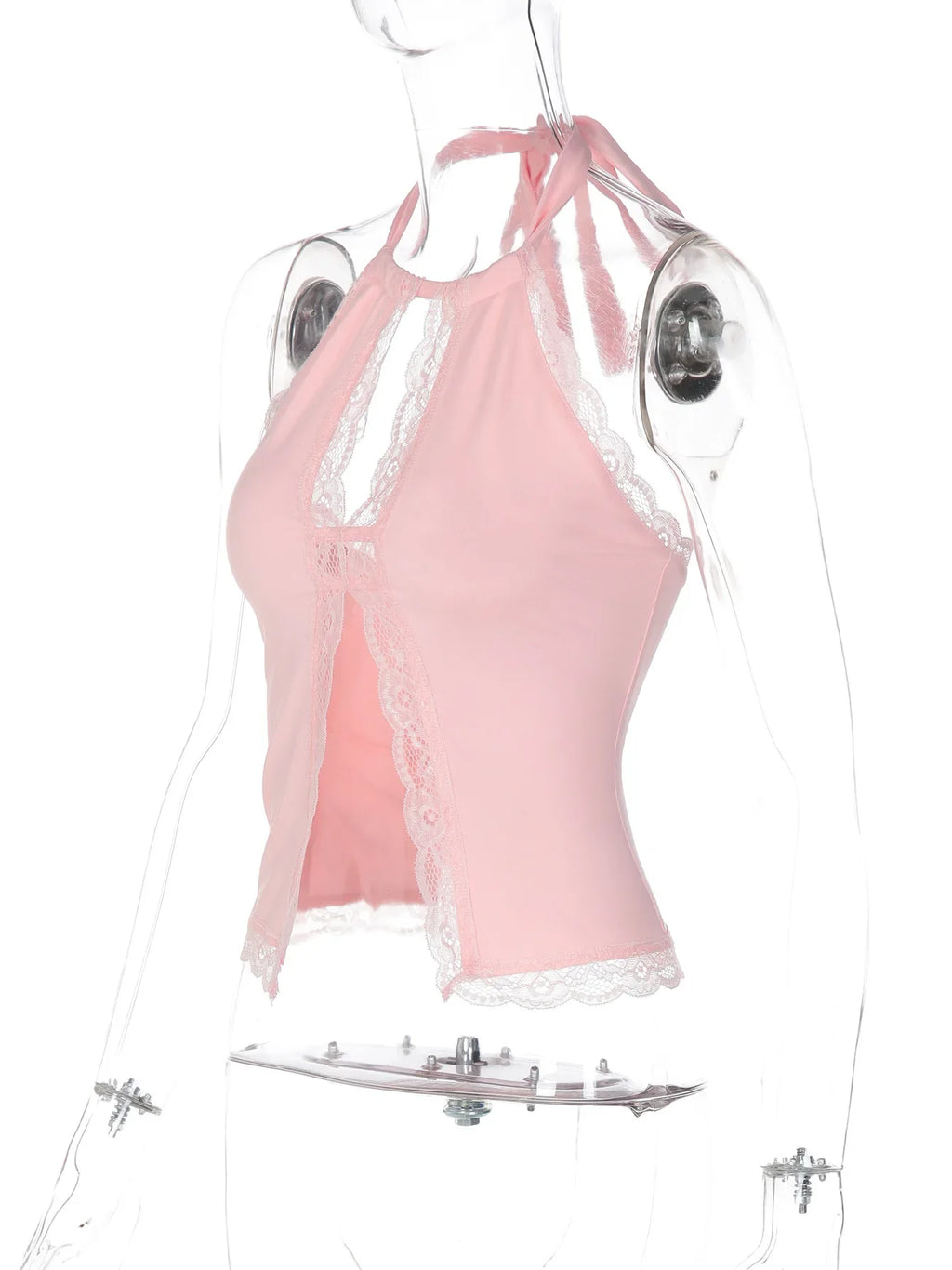 FDYOUO Sexy Halter Lace Patchwork Camisoles Women Fashion Backless Hollow Out Corset Pink White Bandage Tanks Top Y2K Streetwear