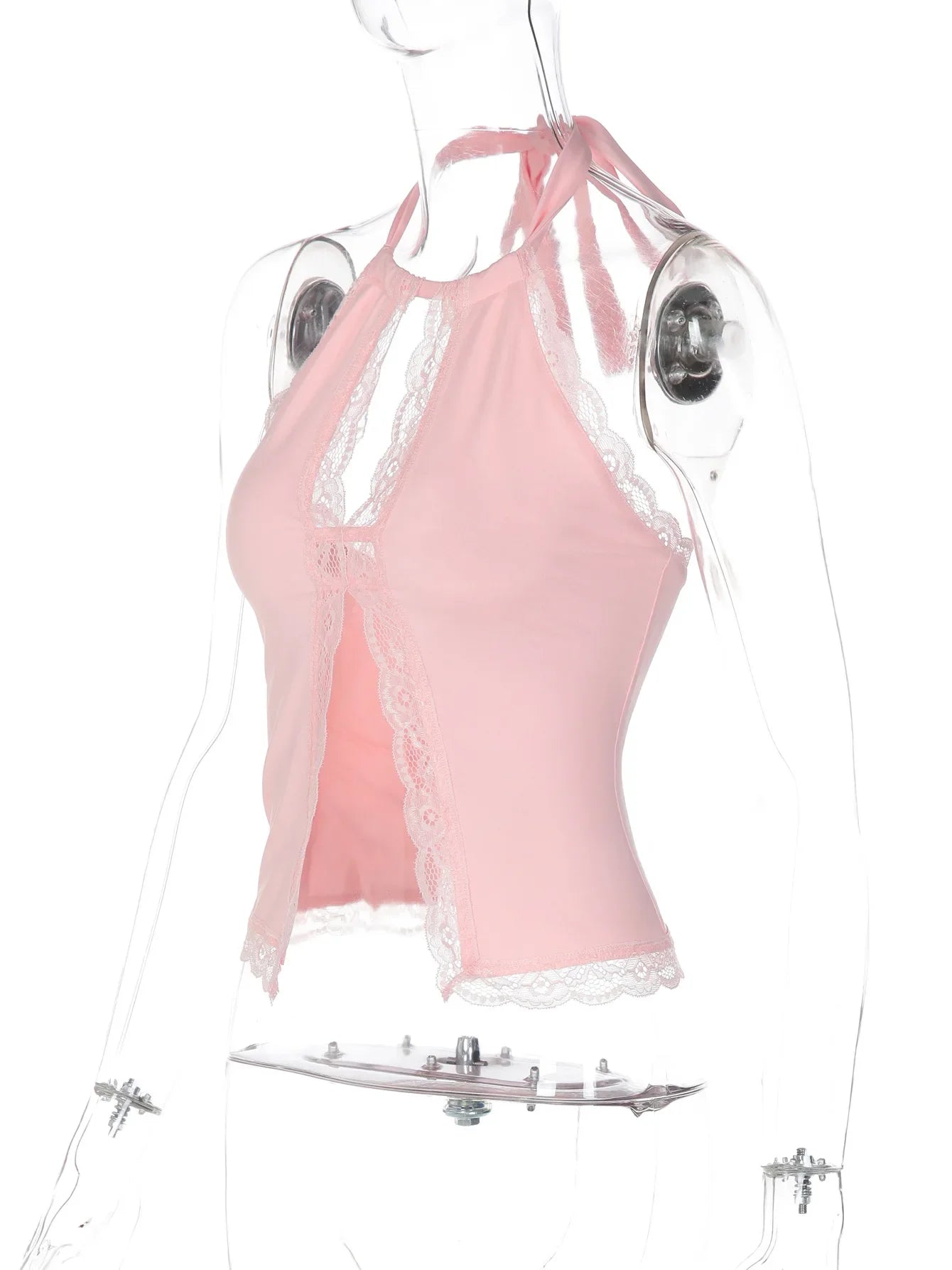 FDYOUO Sexy Halter Lace Patchwork Camisoles Women Fashion Backless Hollow Out Corset Pink White Bandage Tanks Top Y2K Streetwear
