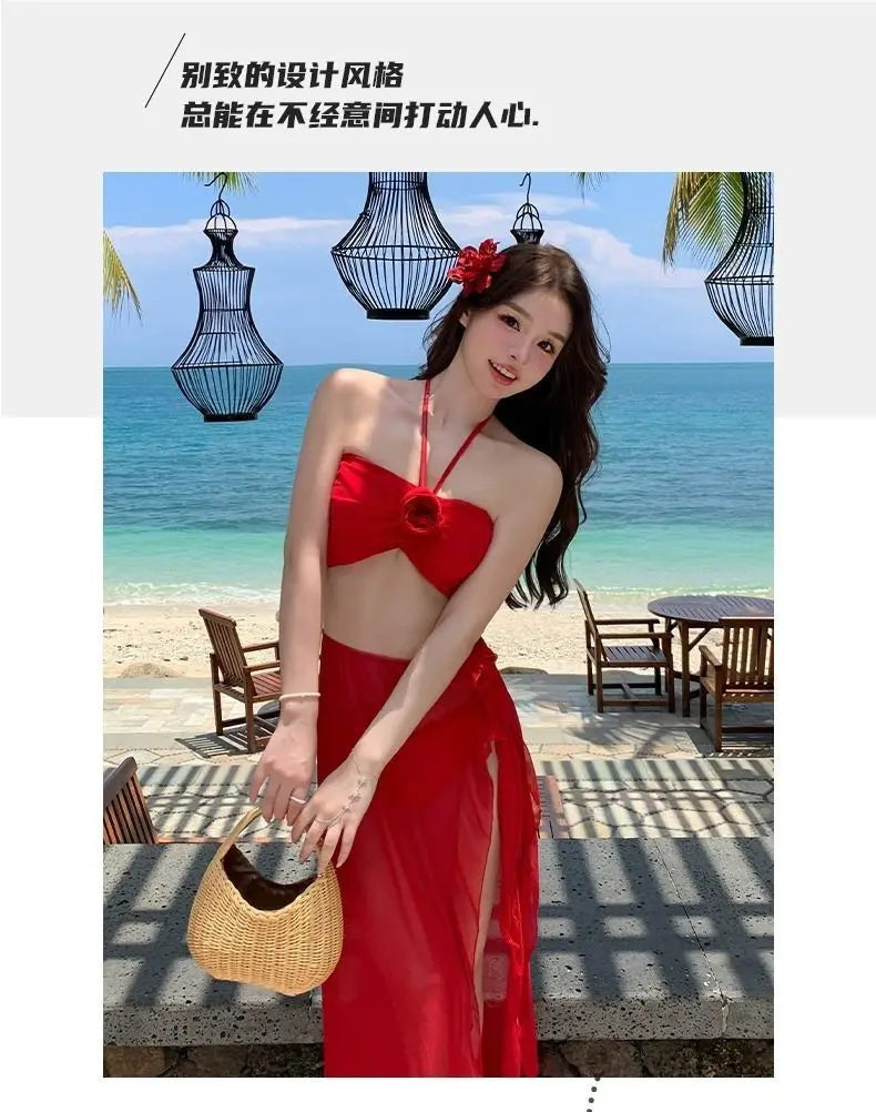 2025 Korean Swimsuit Women Sexy Bikini Red Split Long Skirt Swimsuit Women Halter 3D Flower Push Up Holiday 3 Piece Swimwear