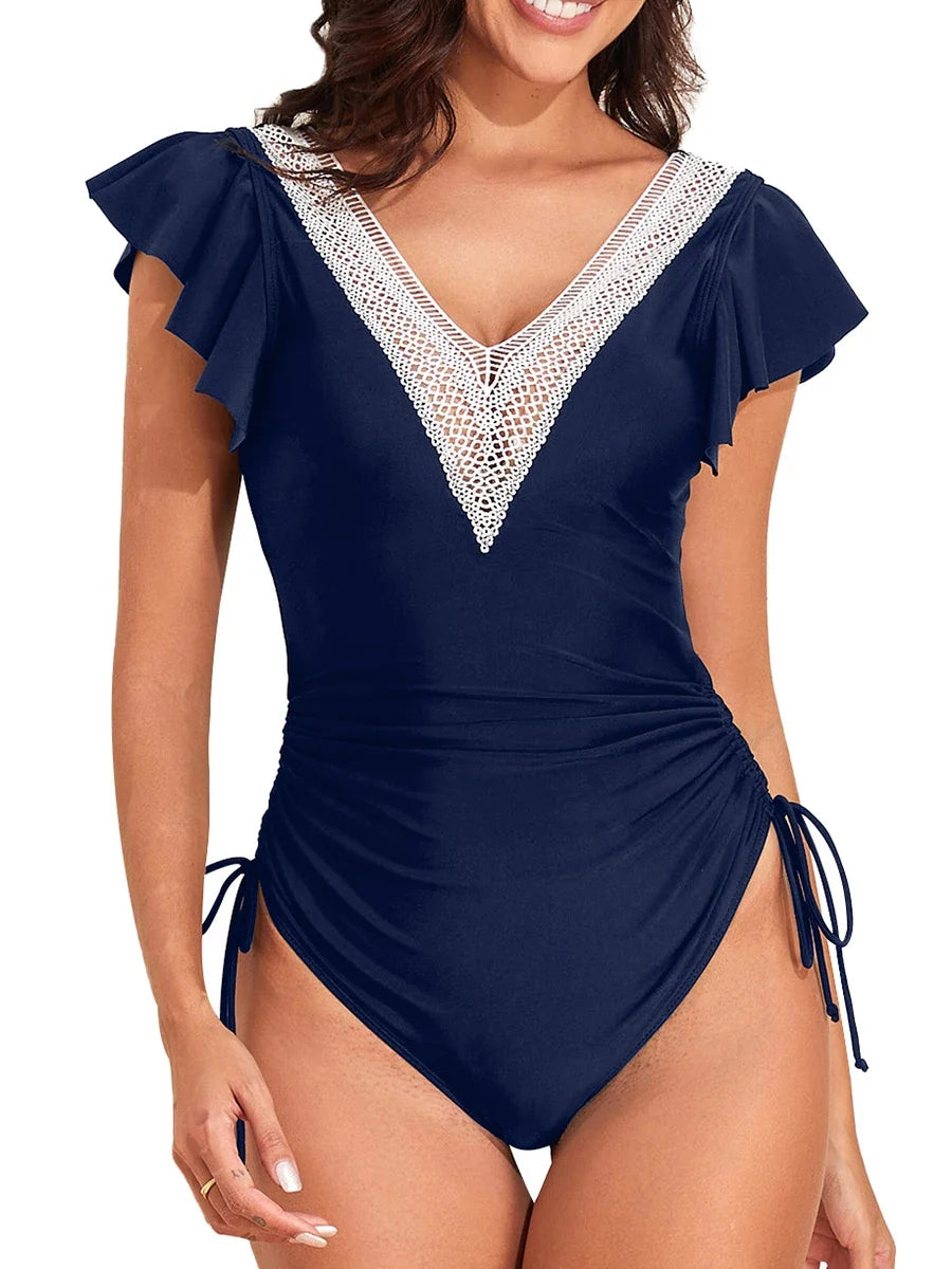 2026 Crochet Drawstring One Piece Swimsuit Women Sexy Ruffle Swimwear Female Solid Bathers Bathing Swimming Swim Suit Beachwear
