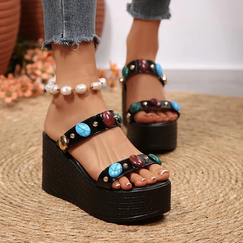 Fashion Gems Chunky Wedges Sandals Women Summer Plus Size 43 Platform Slippers Woman 2026 Gold Super High Heeled Sandalias Mujer