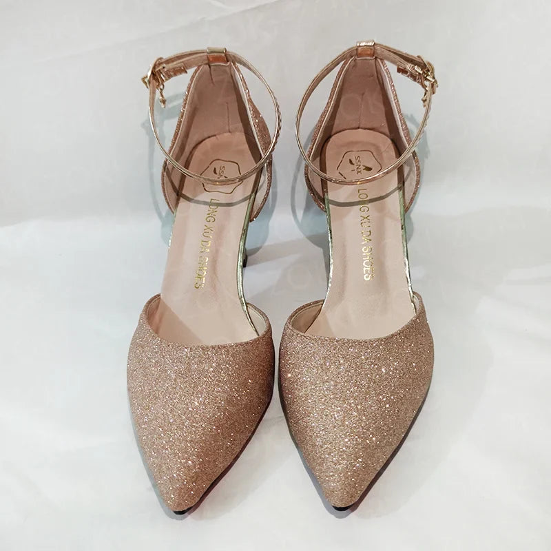 ZOKI Bling Gold Silver Women's Pumps 2024 Sexy Point Toe Thin Heel Party Wedding Shoes Woman Summer Ankle Strap High Heels Shoes