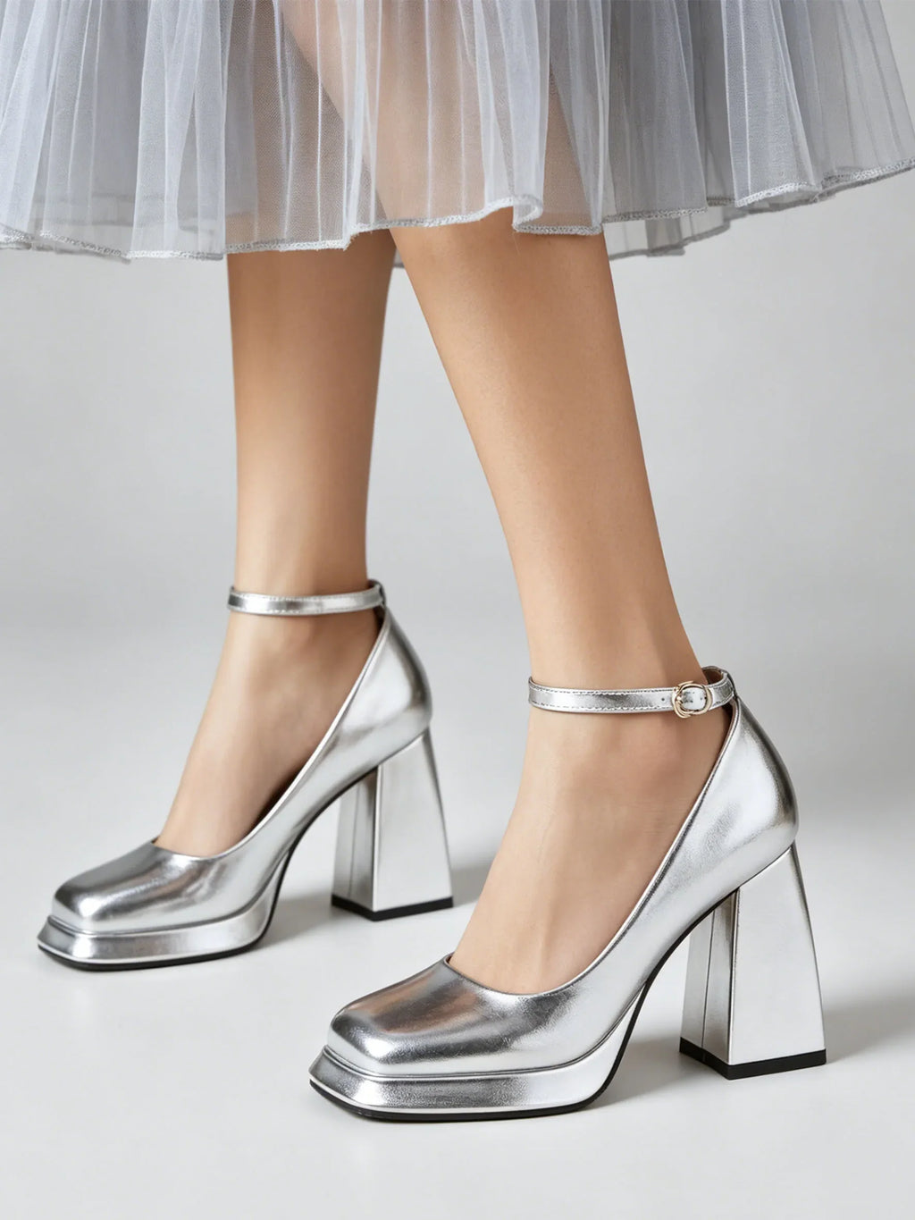 Big Size 32-46 Elegant Gold Metallic Platform High Heels Women Shoes Square Toe Ankle Strap Chunky Heel Party Wedding Pumps