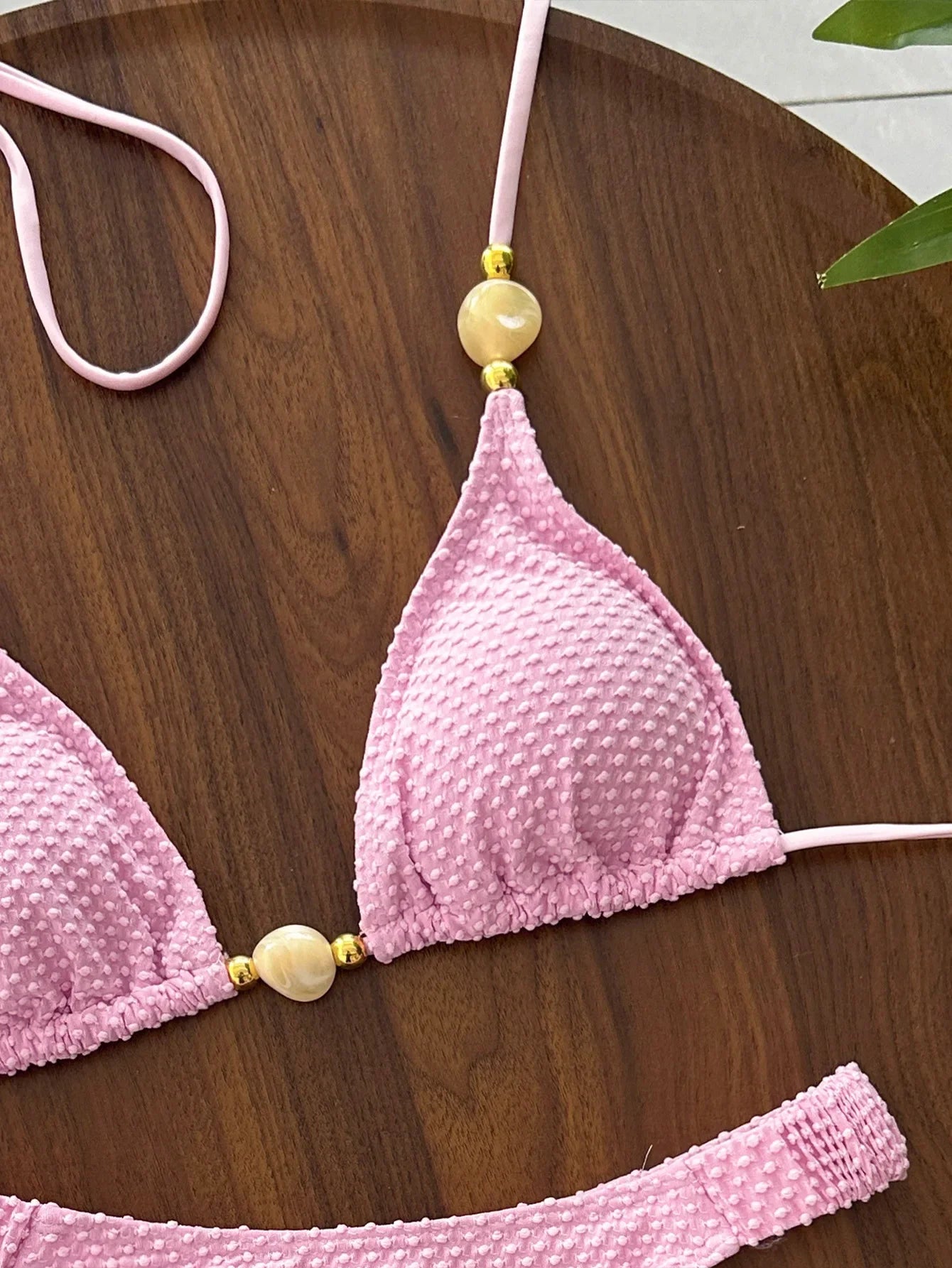 Wrinkled Crinkled Halter Beads Bikini Female Swimsuit Women Swimwear Two-pieces Bikini Set Brazilian Bather Bathing Suit Swim