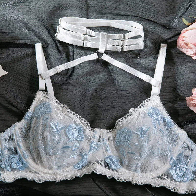 Toucheart Sexy Lingerie Set Lace Patchwork Embroidery Bra Set For Women Perspective Sexy Hanging Neck Underwear Garter Stockings