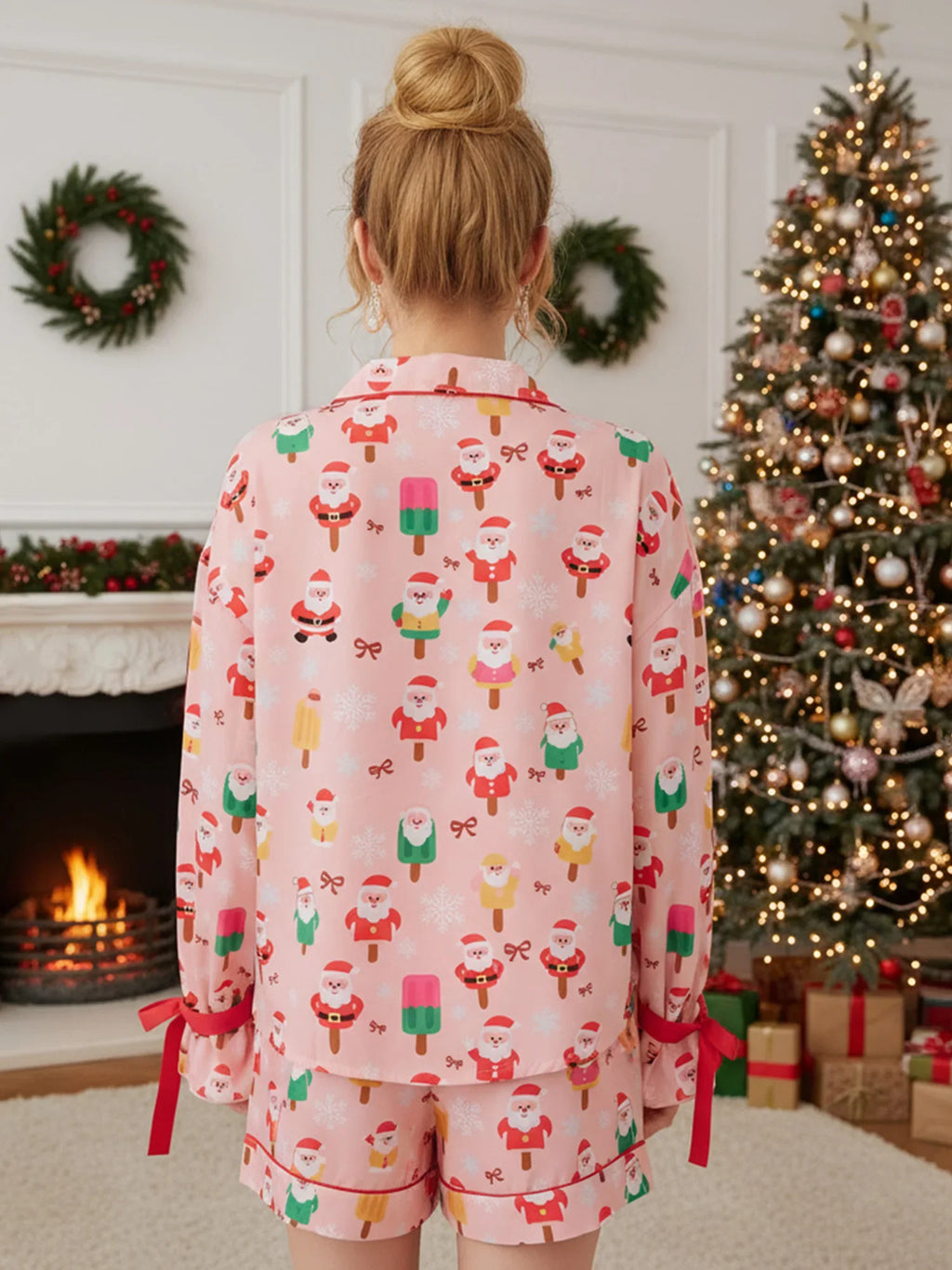 Women 2 Piece Christmas Pajama Set Santa Print Long Sleeve Button-up Tops and Elastic Waist Shorts Satin Fall Sleepwear