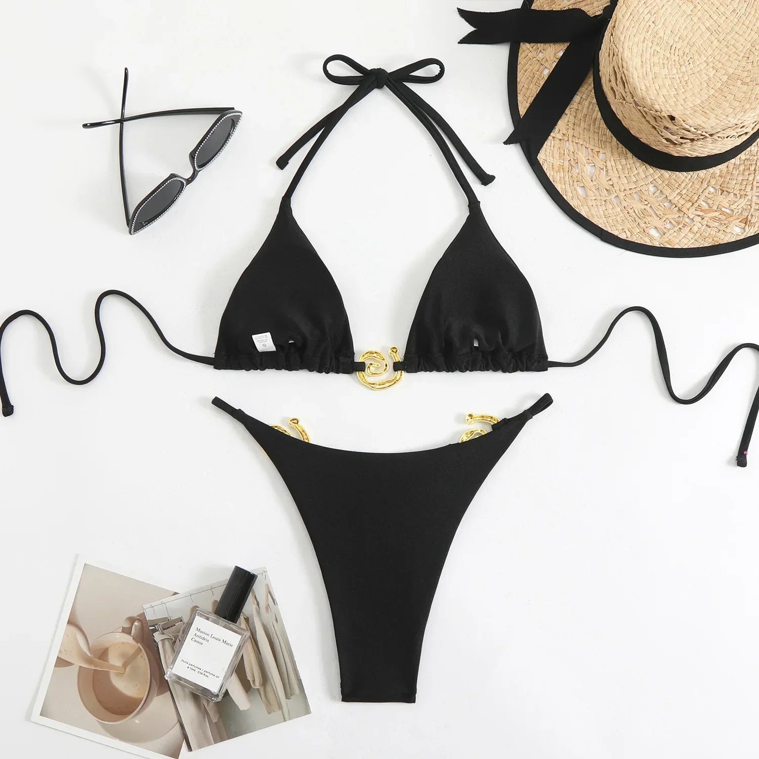 Sexy Black Bikini Set Women Green Metal Ring Designer Push Up Swimwear 2025 Brazilian Beach Bathing Suit Thong Swimsuit Biquini