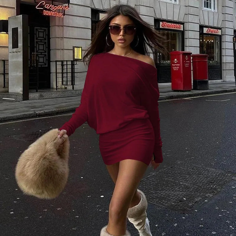 Woman Clothes Diagonal Collar Long Sleeve Package Hip Short Dress Streetwear Black Pink High Waist Tunics Slim Party Dresses