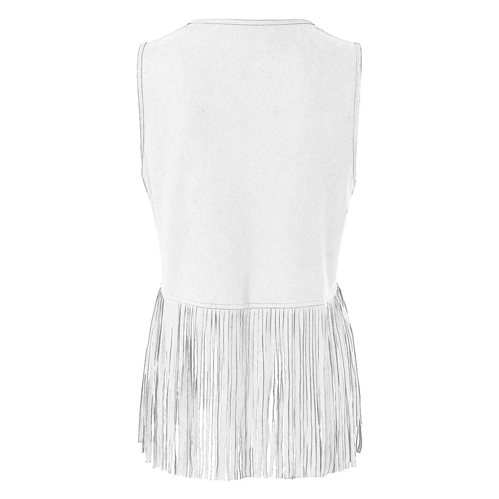 Women Tassel Fringe Vest Sleeveless Solid Waistcoat V Neck Open Front Cardigan Vintage Hippie Clothes Cowboy Cosplay Jacket