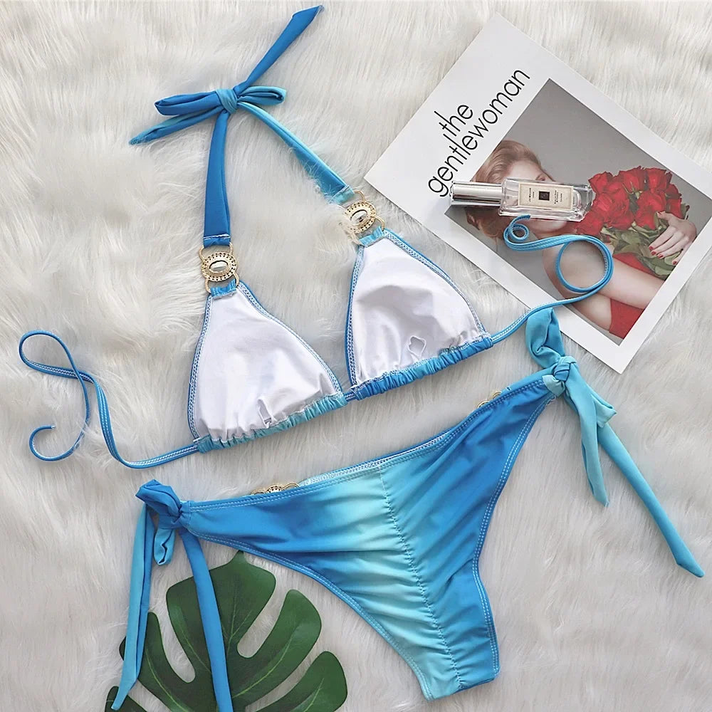 3 Colors Sexy Bikini Women Gradient Swimwear Swimsuit Luxe Crystal Diamond Halter Knot Strap Bikinis Set Bathing Suit Biquinis