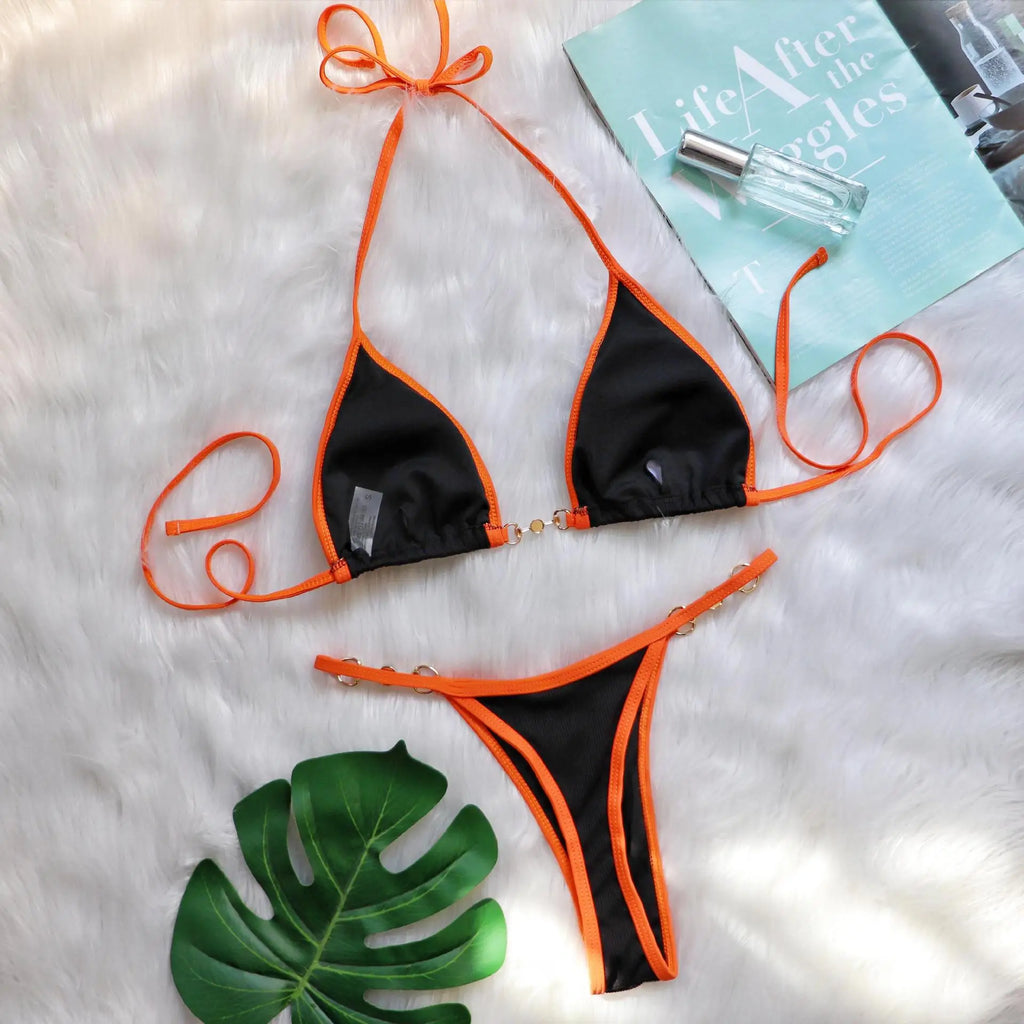 Sexy Halter Pearl Extreme Mini Micro Bikini Female Swimsuit Women Swimwear Two-pieces Bikini set Ribbed Bather Bathing Suit Swim