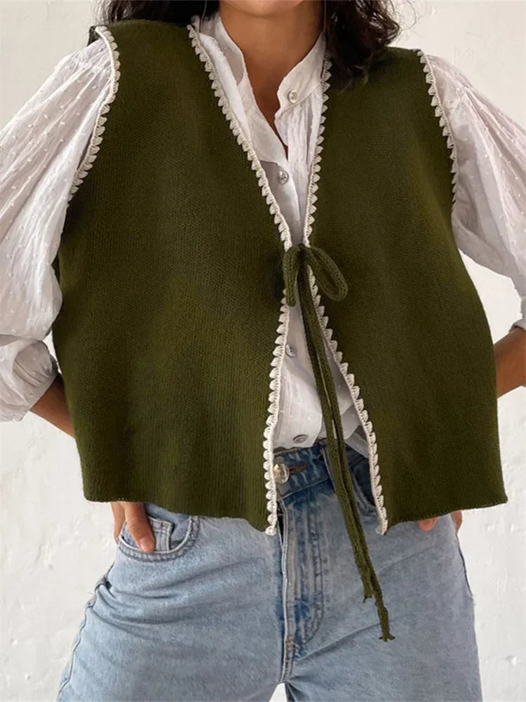 Women's Knit Waistcoat Contrast Color Trim Lacing Closure V-Neck Sleeveless Knit Sweater Vest Cardigan Outerwear