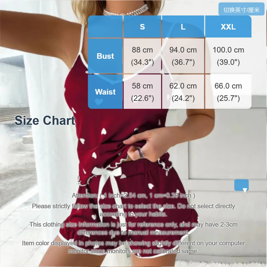 Women’s 2 Piece Pajama Set Heart Print Cami Top and Shorts Sleepwear Summer Loungewear Nightwear Sexy Cute Pjs Set