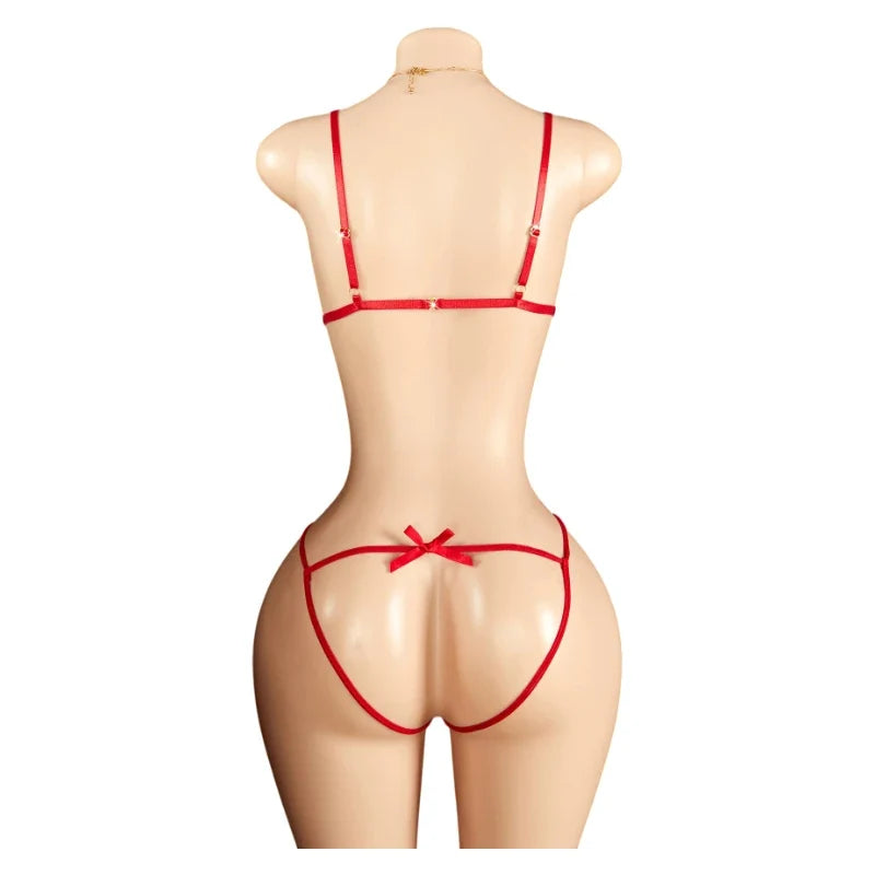 Sexy Red Crotchless Lingerie Open Back Bras BodySuits Transparent Erotic Costumes Deep V  Sexy Lace Fishnet Hollow Underwear Set
