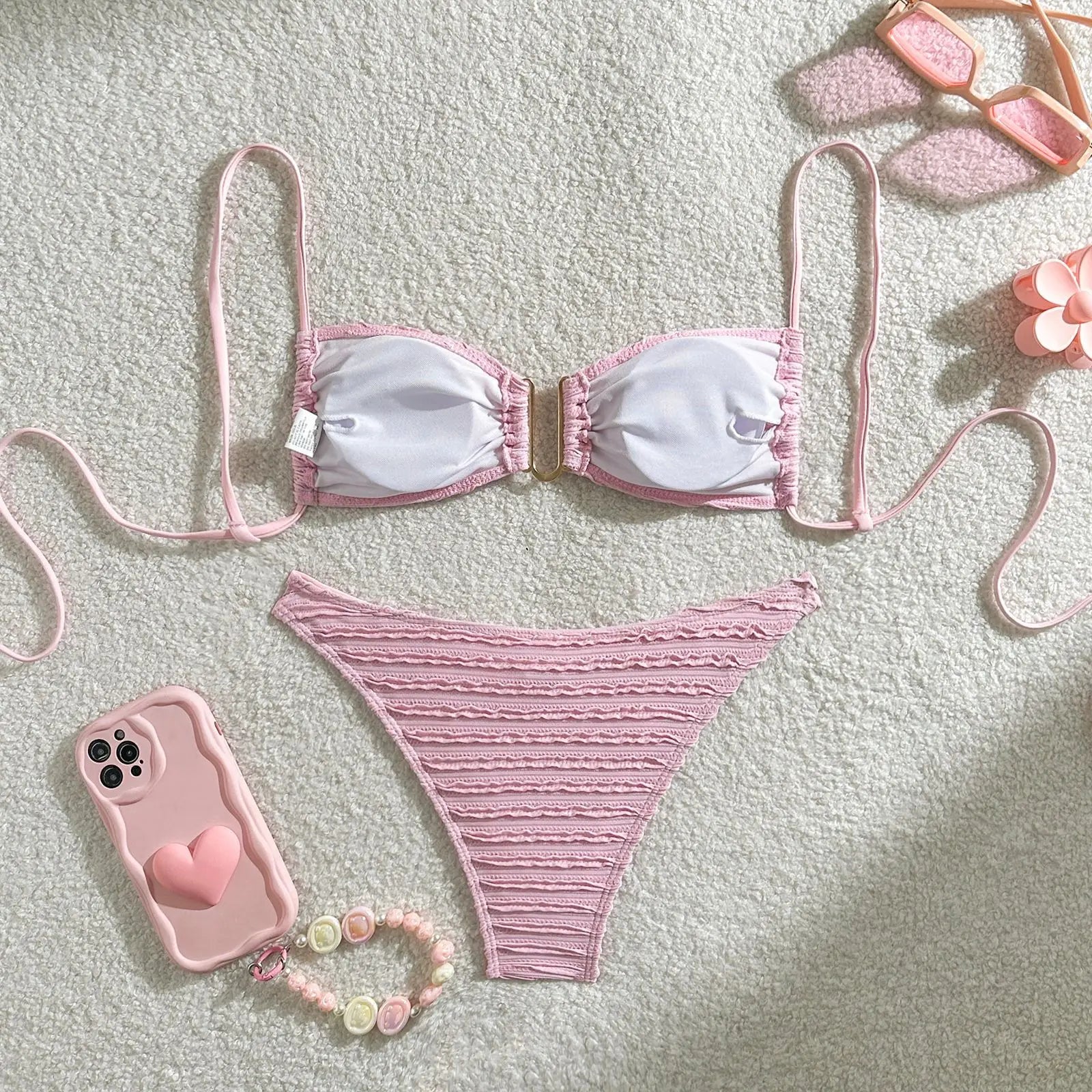 2026 Wrinkled U Ring Bandeau Bikini Women Swimwear Female Swimsuit Two-pieces Bikini Set Bather Pool Bathing Suit Swim Beachwear