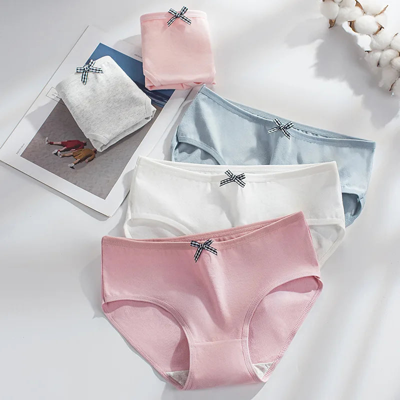 5Pcs Women Underwear Made Of Pure Cotton, Breathable Mid Waist, Pure Color, Thin Breathable Bow Underwear For Girls