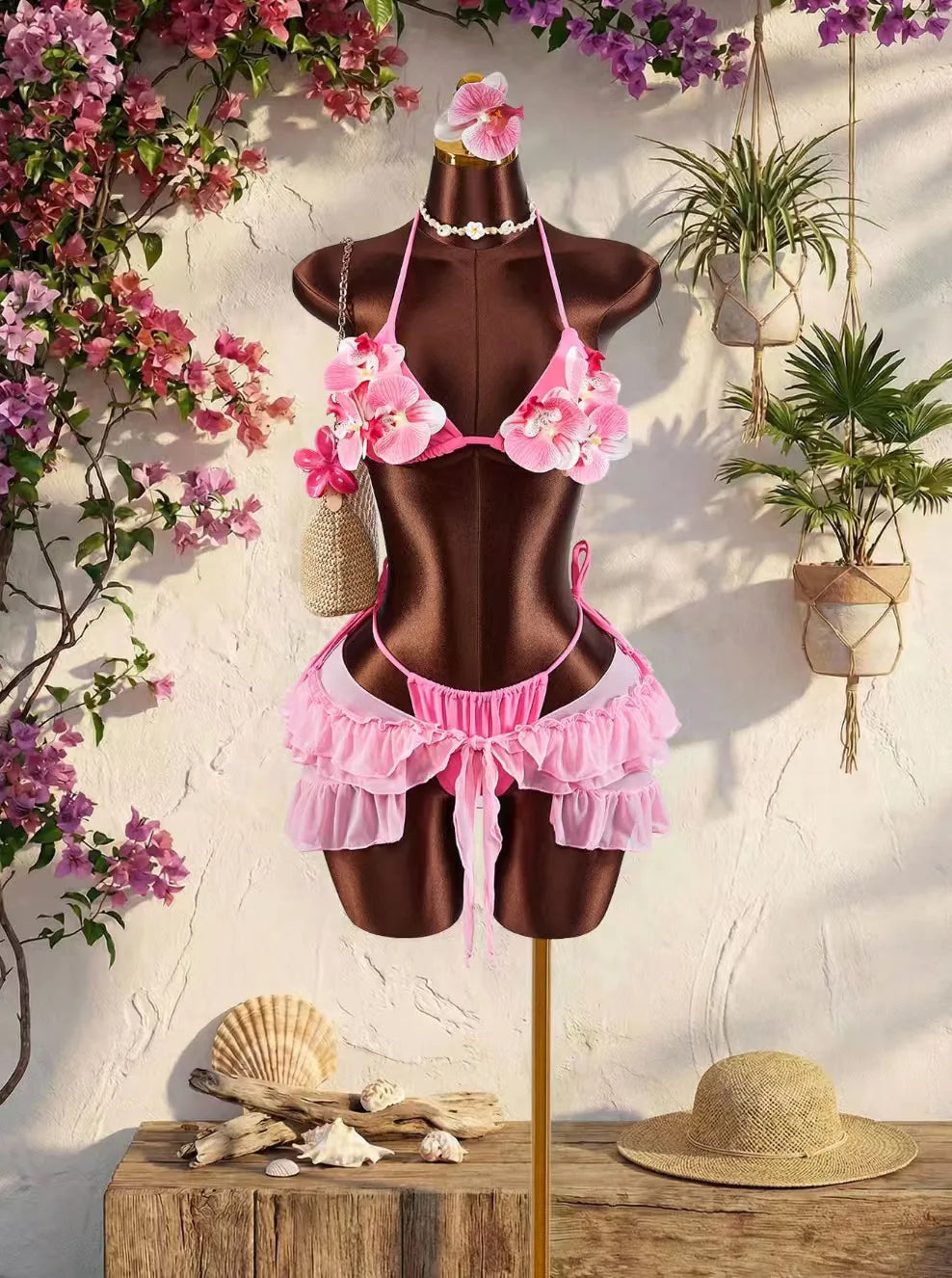 Vintage Blue 3D Floral Bikinis Sets Women Mesh Ruffle Skirt 3 Piece Swimsuit 2026 Sexy Push Up Bra Bathing Suit Holiday Swimwear