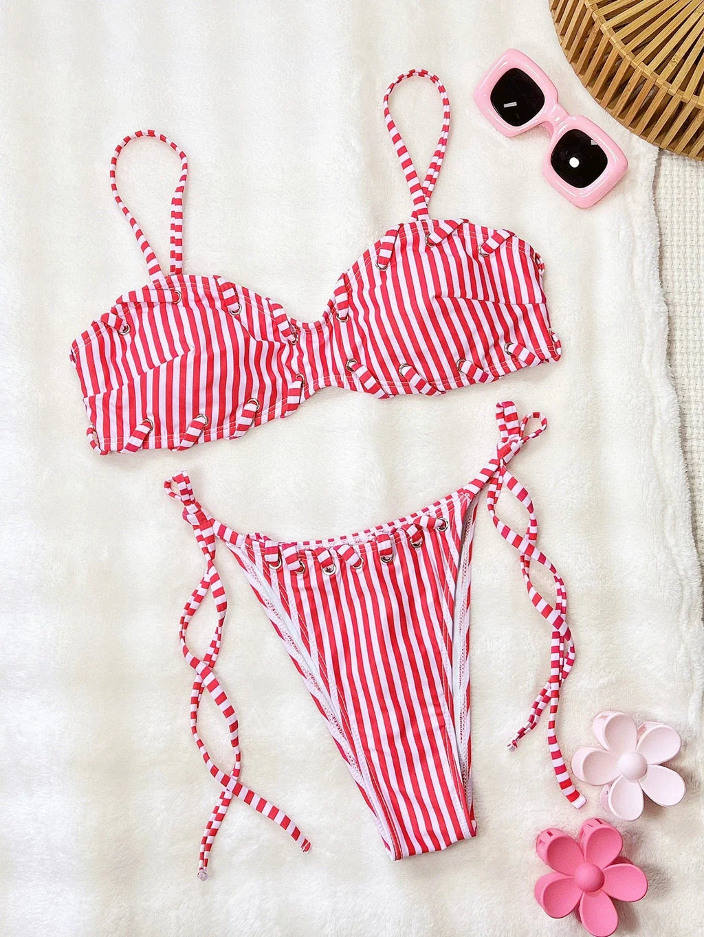 DEKA 2026 Vintage Pink Striped Knitted Bikini Set Women Sexy Drawstring Side Swimsuit Bathing Suit Swimwear