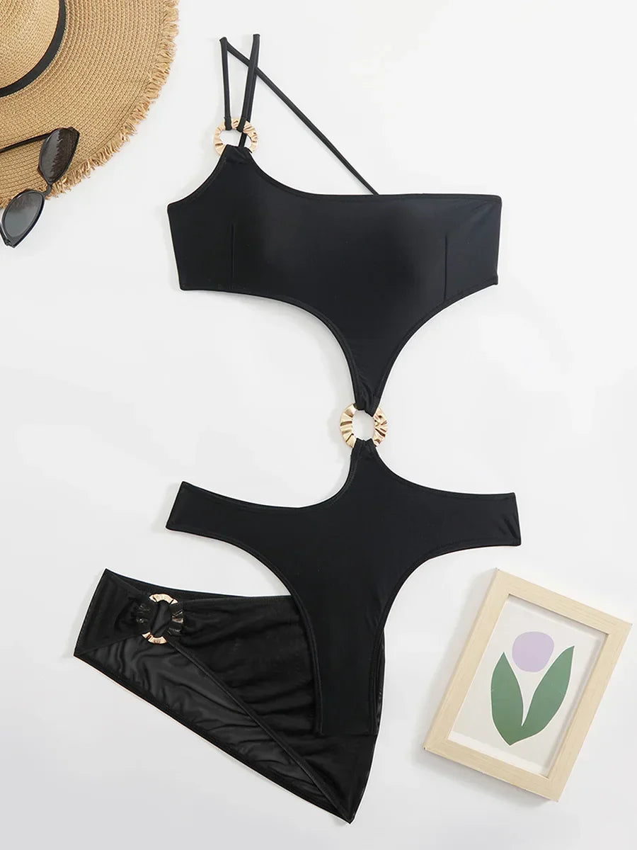 Asymmetric One Shoulder Mesh Skirt One Piece Swimsuit Women Thong Swimwear Female Metal Ring Monokini Bathing Suit Beachwear