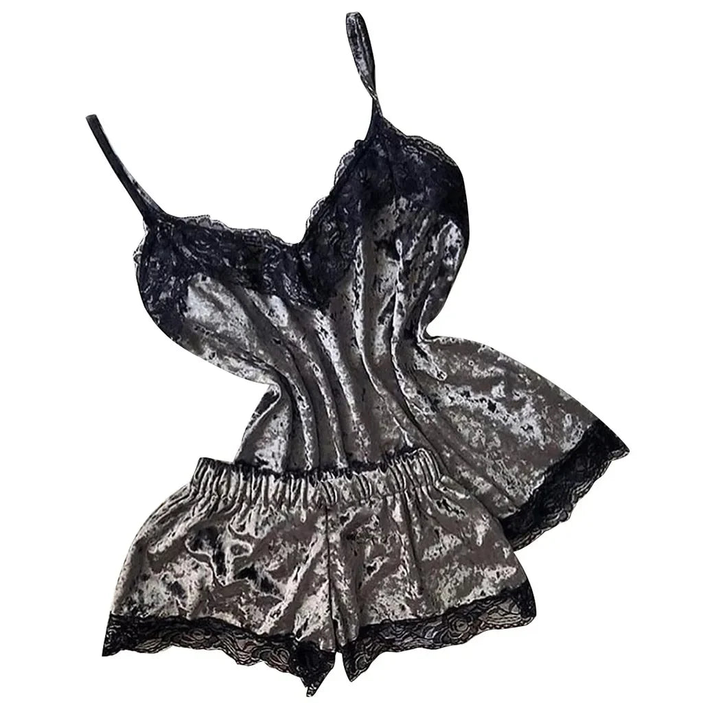 Summer Velvet Pyjamas Set for Women Sleepwear Sleeveless Straps Nightwear Lace Trim Cami Top and Shorts Sets Sexy Lingerie