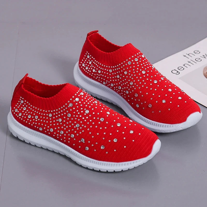 Women's Slip-On Crystal Sneakers 2025 Breathable Mesh Plus Size 35-43 Casual Flats Women Comfort Soft Sole Running Walking Shoes