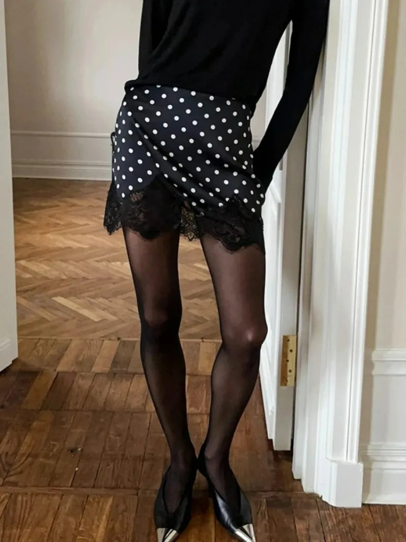 FDYOUI 2026 Woman Clothes Lace Patchwork Polka Dot Skirts Female Sexy Tight Short Skirt Black Party Night Club Dress Streetwear