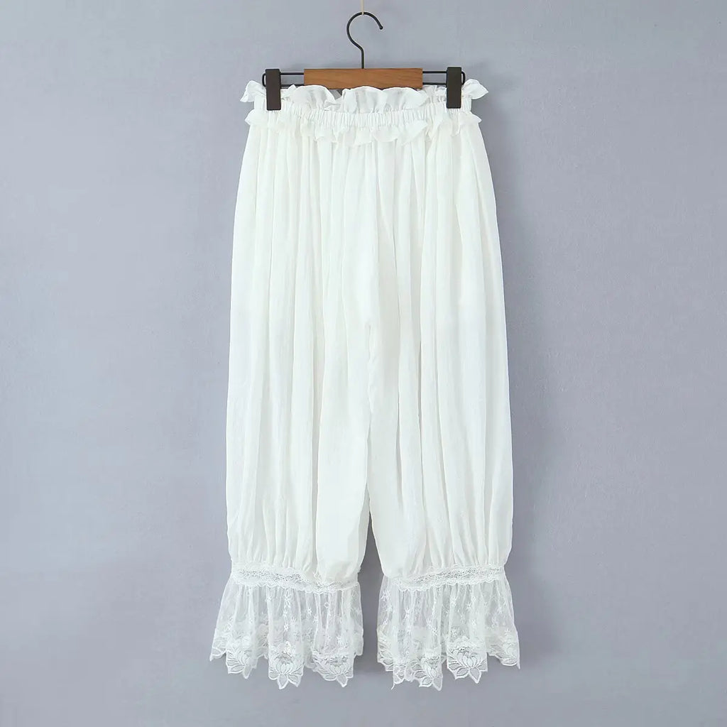 Women's Ruffled Lace Trim Loose Pants For Woman White Ruffled Embroidery Camisole Straps Button Front For Sweet Summer Look WM6E