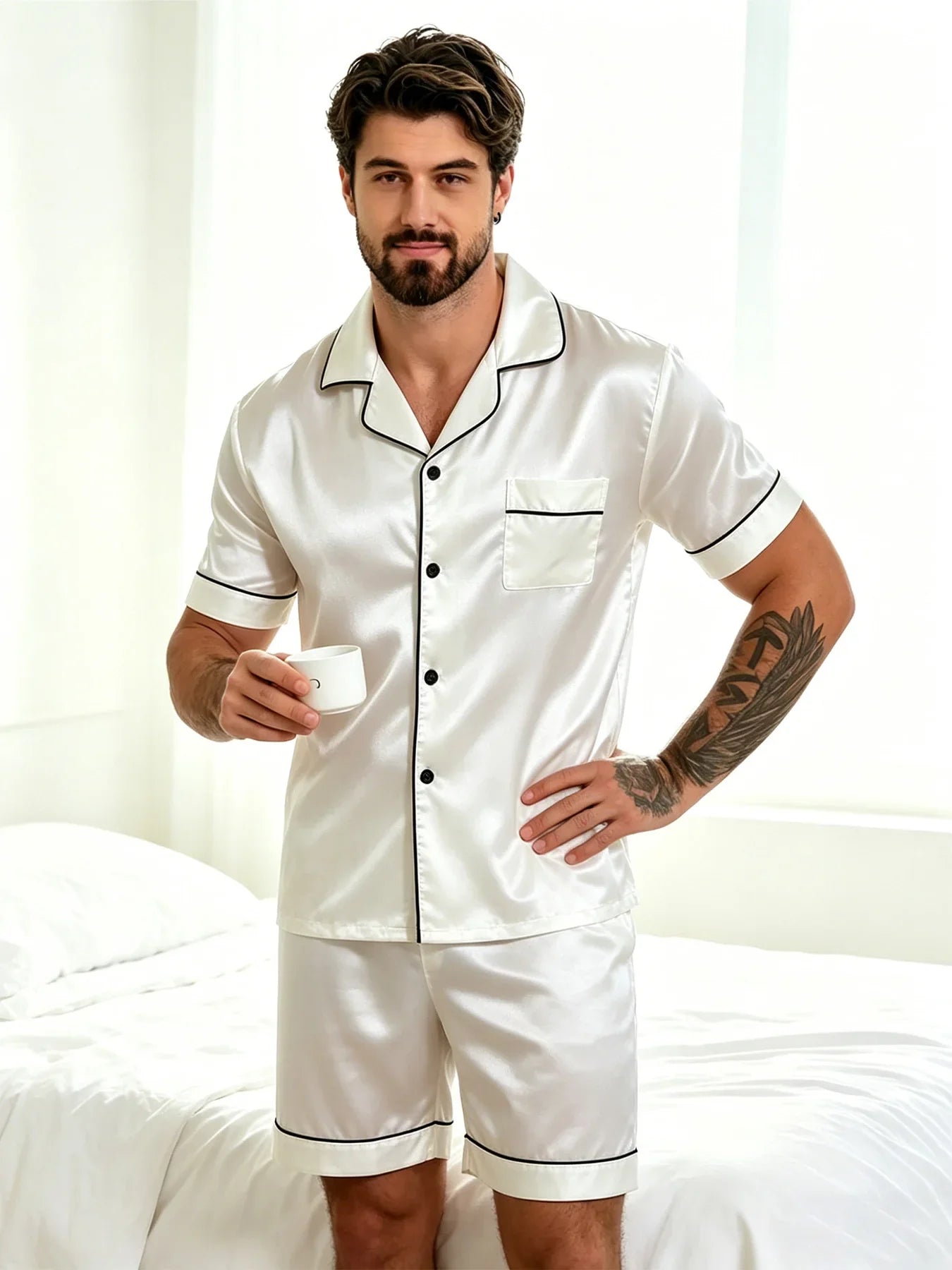 Men Satin Pajama Set Sleepwear for Man Summer Short Sleeve Button-Down Shirt & Shorts Pajamas 2 Piece Home Clothes Short Suit
