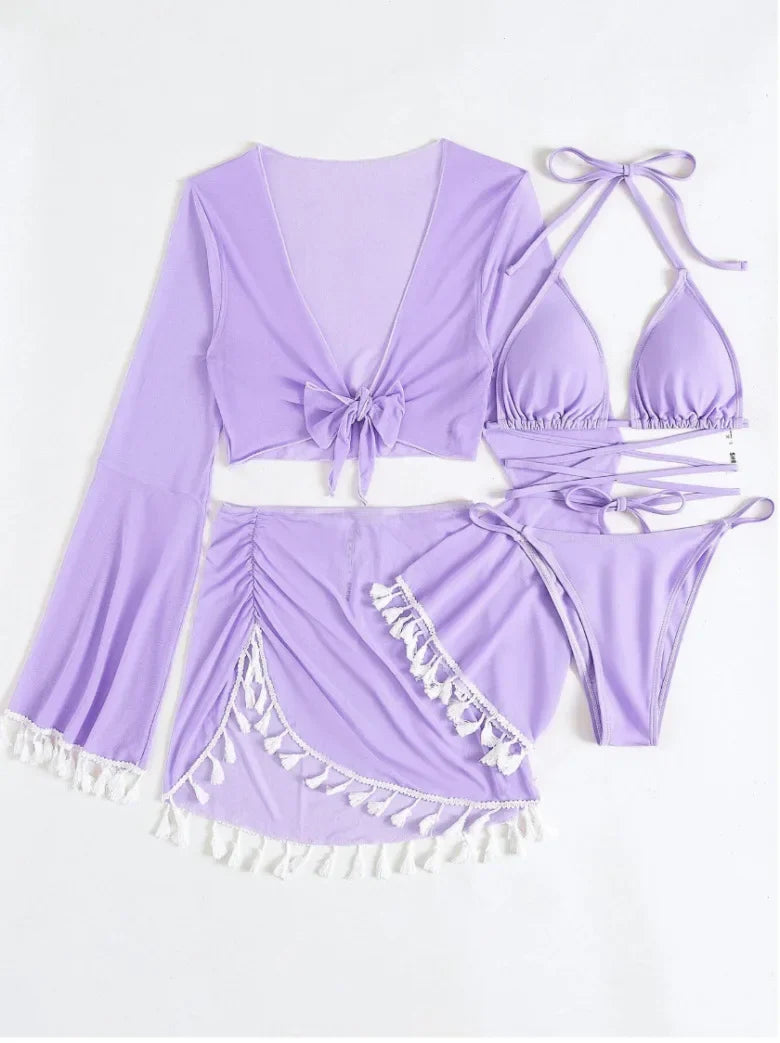 Sexy 4pcs Boho Tassels Trim Bikinis Sets Ladies Padded Bikini Set +cover Up Tops Skirts Beachwear Bathing Suit Biquini Monokini