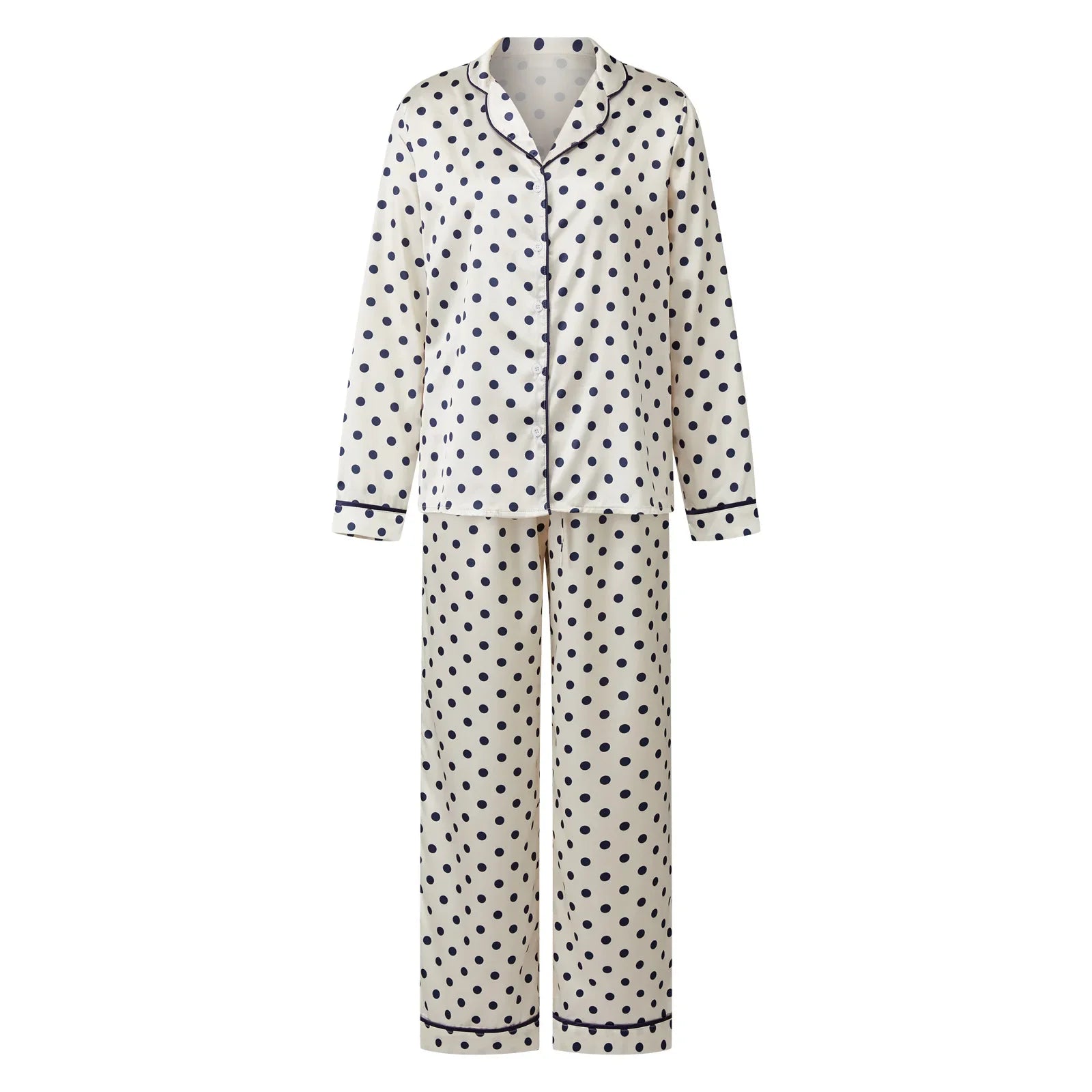 Women 2025 Two Pieces Pajamas Sets Long Sleeve Lapel Button Down Dot Tops with Drawstring Elastic Pants Fall Satin Sleepwear