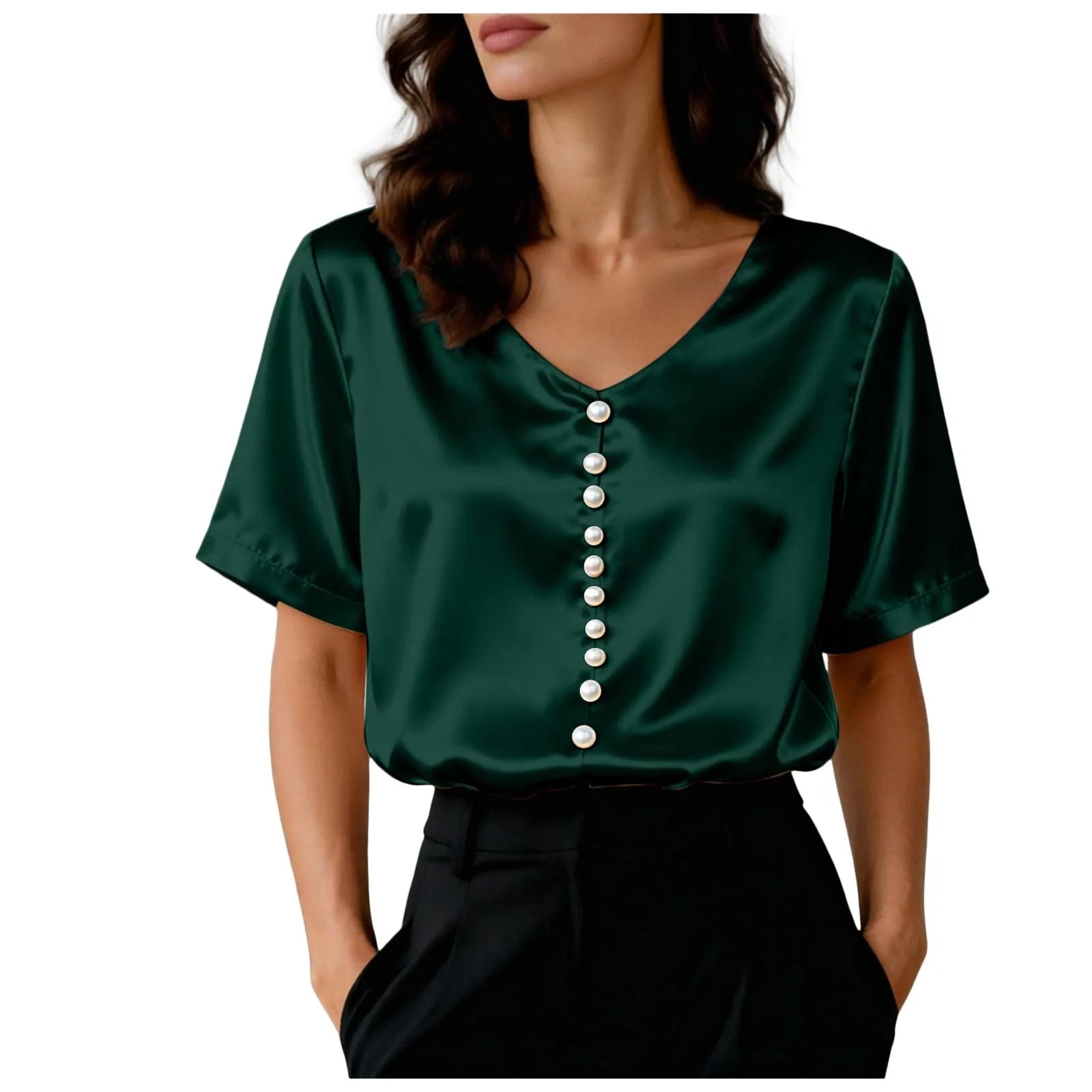 Women's Satin Short Sleeve T Shirt With Pearl Buttons Solid Color V Neck Loose Fit Elegant Office Lady Tees Summer Commuter Top