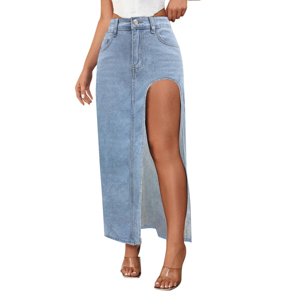 Women's Casual High Waisted Denim Skirt Side Split Casual Sexy Nigh Out Long Maxi Cargo Denim Skirt Summer New Y2k Streetwear
