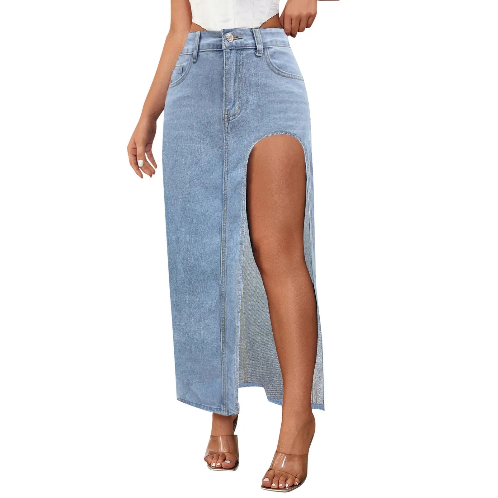 Women's Casual High Waisted Denim Skirt Side Split Casual Sexy Nigh Out Long Maxi Cargo Denim Skirt Summer New Y2k Streetwear