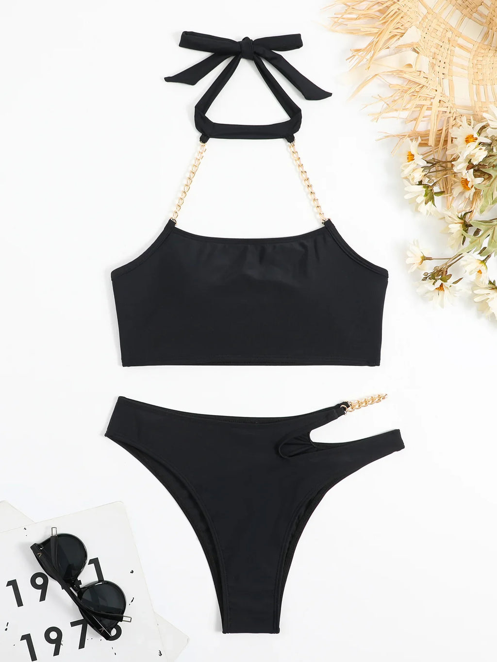 DEKA Women Push Up Metal Chain Neck Bikini Set Shoulder Straps High Waist Bottom Swimwear Women Swimming Beach Bathing Suit