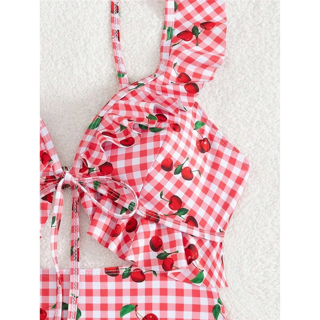 S - XL Cherry Printed Plaid Cut Out One Piece Swimsuit Women Swimwear Female Frilled High Leg Cut Bather Bathing Suit Swim V7557