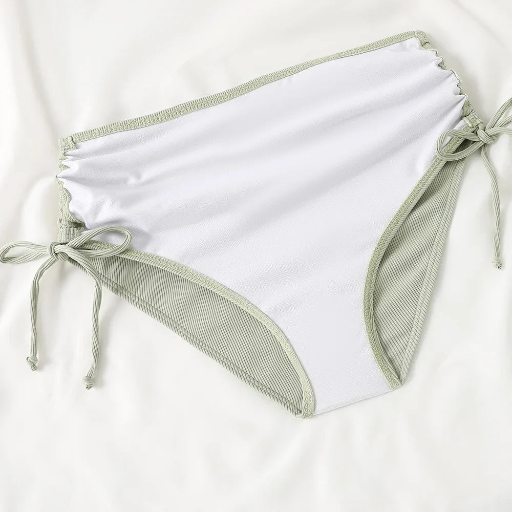 Women's Two Piece Swimsuit Black Double Strap Push Up Pleate Drawstring Side High Waist Bikini 2025 Beach Bathing Suit Swimwear