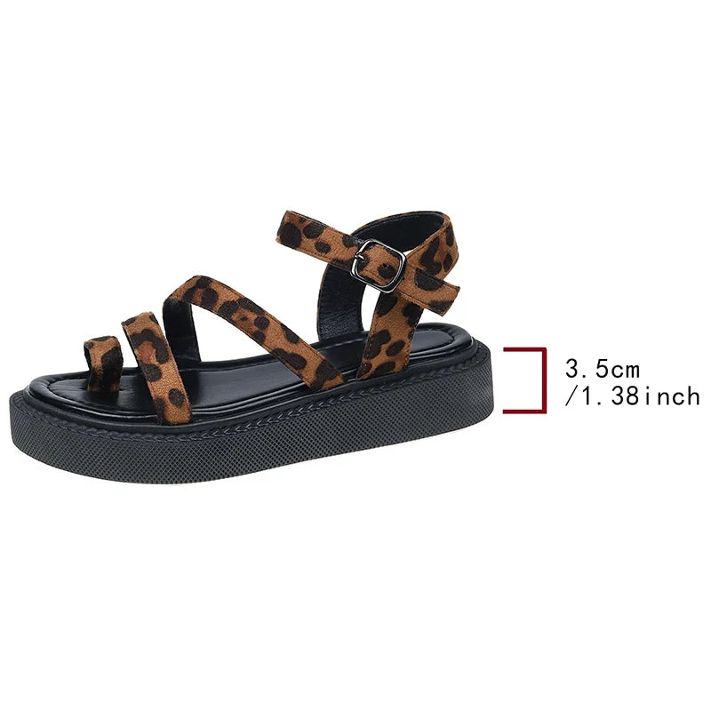 Women's Leopard Flock Platform Sandals Summer New Wedge Clip Toe Sandal Ladies Fashion 2025 Thick Bottom Non Slip Snadal Mujer