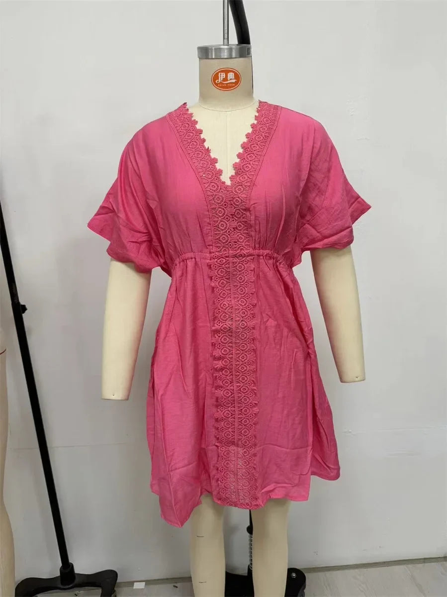 V Neck Lace Short Sleeve Tunic Beach Cover Up Cover-ups Beach Dress Beach Wear Beachwear Female Outfits Bathing kaftan for Women