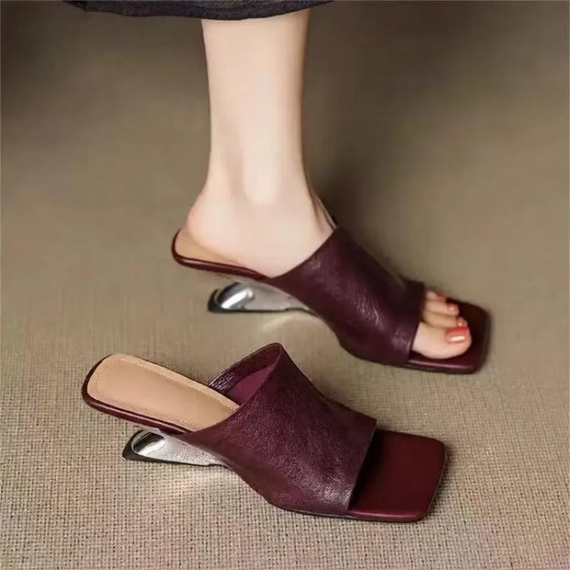 Luxe  Square Toe Slide Sandals Premium Leather One Strap Mules Chunky Sole Backless Loafers Dressy Casual Summer Shoes