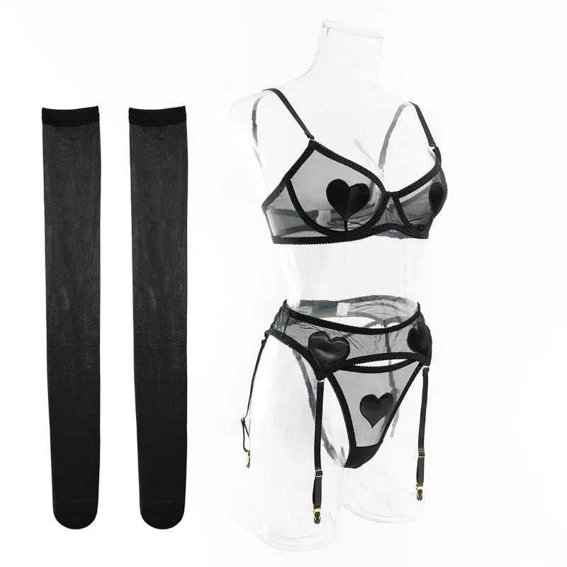 Toucheart Sexy Lingerie Undies Solid Color Mesh See-through Women's Garters Underwear Suit Sexy Stocking Underwear 5-piece Set